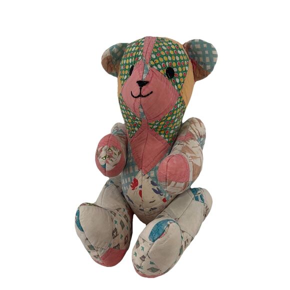 Vintage Handmade Patchwork Quilted Teddy Bear Stuffed Plush Articulated 16” - Picture 1 of 8